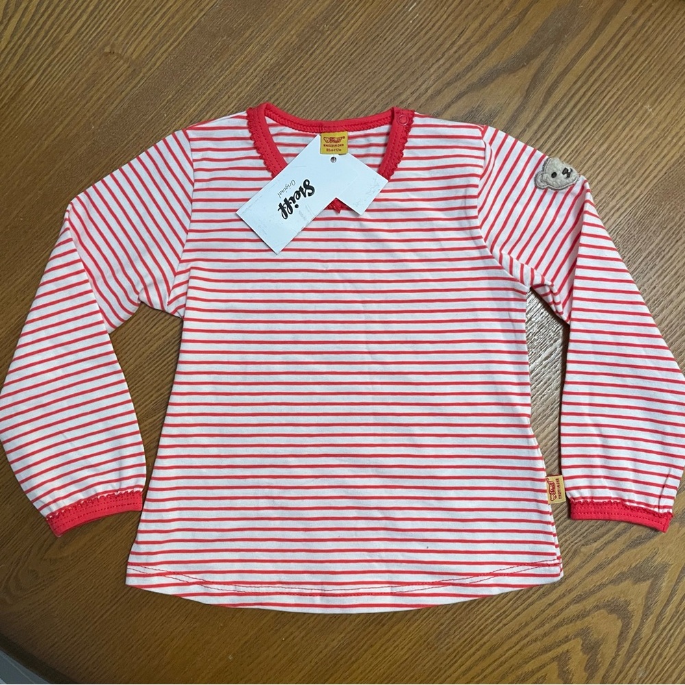 Steiff Collection Newborn Girl Shirt Size 12 Months Red White Stripe W/Bear NWT